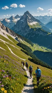 Man sieht eine Berglandschaft mit Wanderern.
