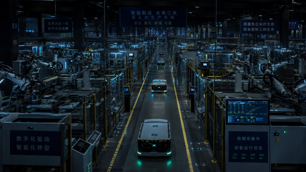 Das KI-generierte Bild zeigt eine menschenleere Dark Factory mit zahlreichen Robotern.