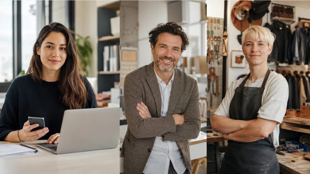Drei unterschiedliche Gründer in ihren Arbeitsumgebungen - eine Frau mit Laptop im Büro, ein Unternehmer im Business-Outfit und eine junge Handwerkerin in ihrer Werkstatt.