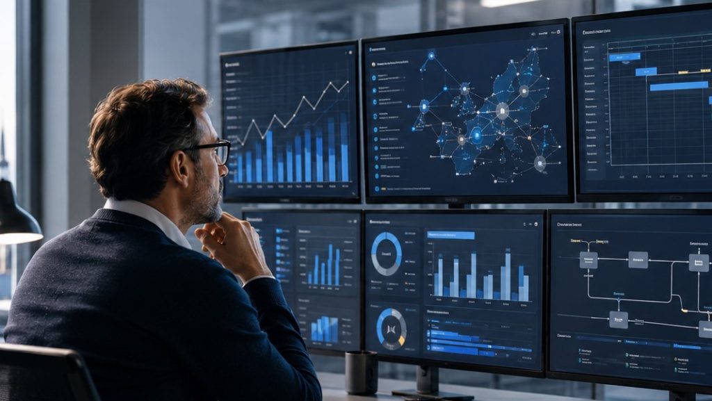 Ein Mitarbeiter überwacht automatisierte Produktionsprozesse und KI-gestützte Datenanalysen auf mehreren Bildschirmen.
